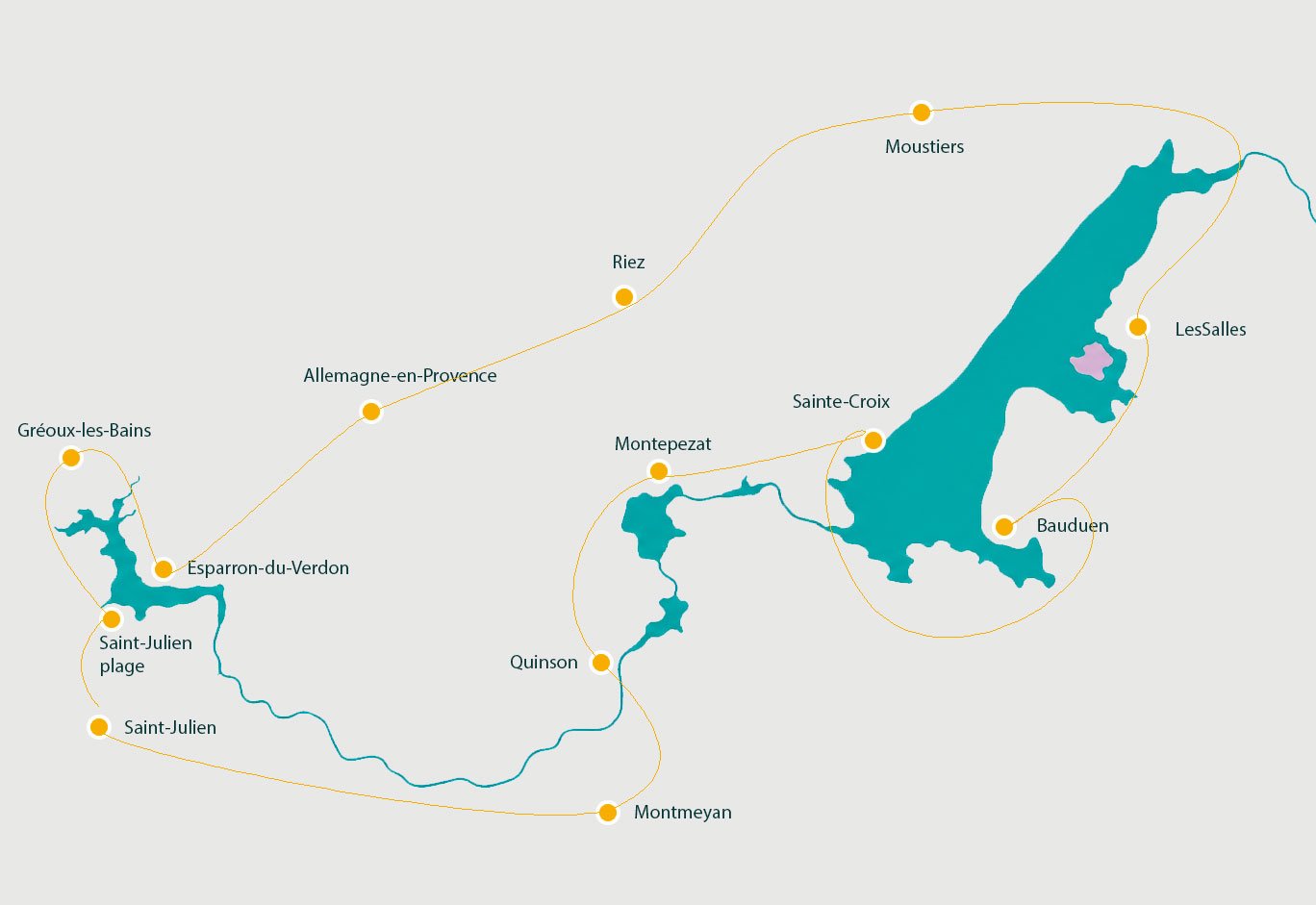 Carte de la zone de livraison Picnics autour des lacs du Verdon : Gréoux-les-Bains, Esparron, Saint-Julien plage, Quinson, Sainte-Croix, Bauduen, Les Salles-sur-Verdon, Moustiers