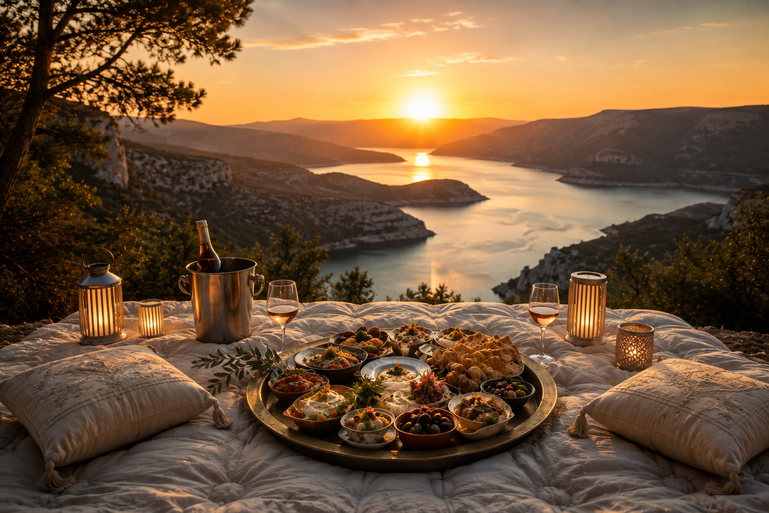 Dîner aux chandelles au coucher du soleil, au-dessus du lac du Verdon